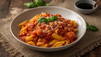 Chickpea and tomato sauce served over rigate shell pasta topped with parmesan cheese. Nutritious vegan meal.