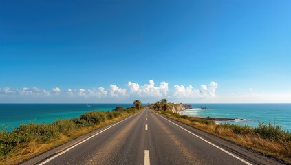 Obraz premium Coastal highway beside the ocean under a clear blue sky on a bright summer day