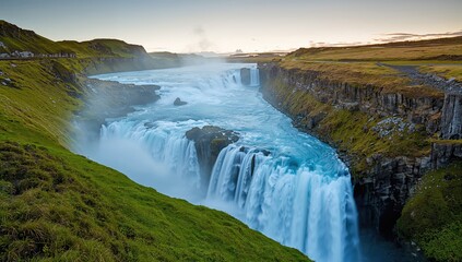 A glacial waterfall whose hue changes over time, located in a northern icy region.