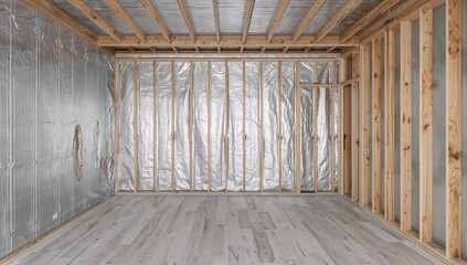 Spacious unfinished area being remodeled with aluminum foil on surfaces, exposed wiring, oak flooring, and drywall installation. Expert renovation and thermal insulation.