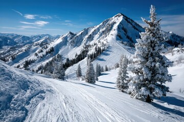 Beautiful snowy mountain landscape in the daytime with clear blue sky and tall evergreen trees
