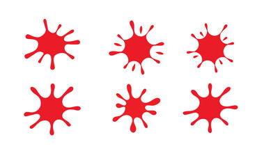 Collection of six vibrant red splatter ink blots isolated on a clean white background for design