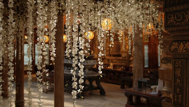 A white jasmine flower garland displayed inside a temple dedicated to Buddhism