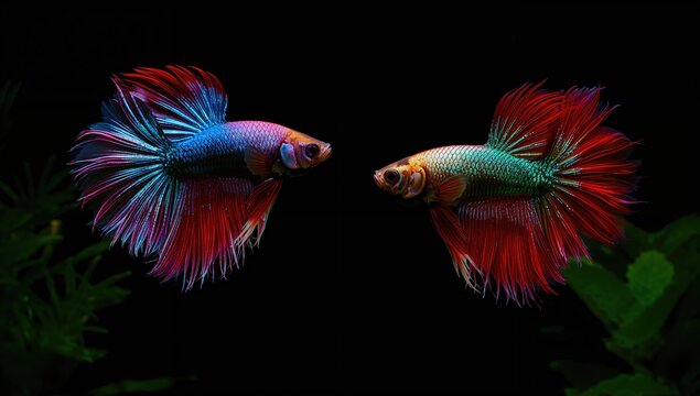 Colorful Siamese fighting fish with rosetail and half-moon fins on a dark background