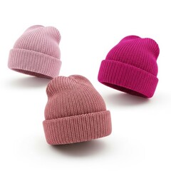 Three knitted hats isolated on white background