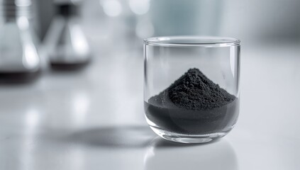 Close-up of black charcoal powder on a glass petri dish in a lab setting, side perspective