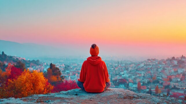 holistic longevity design. Person in red hoodie meditating overlooking cityscape at colorful sunset - Powered by Adobe