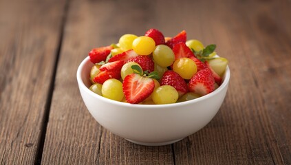 Fresh mixed fruit bowl on rustic wooden surface, focused shot