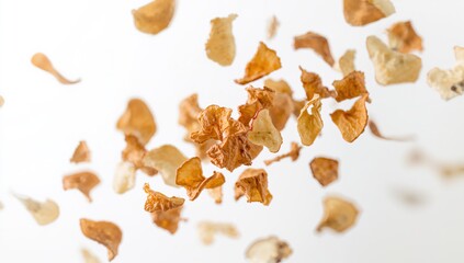 Fototapeta premium Dried apple slices displayed on a plain white background with a toned filter and focused detail