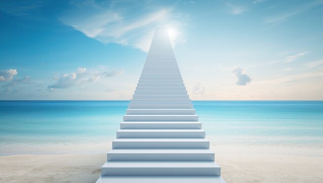 Unoccupied Steps Leading Upward, Symbolizing the Path to Achievement. Staircase Ascending into the Sky with Blank Area for Text.