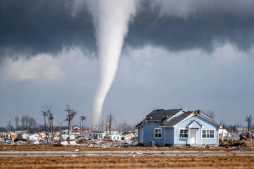 Tornado touches down in rural area, causing destruction to homes and landscape during a severe storm