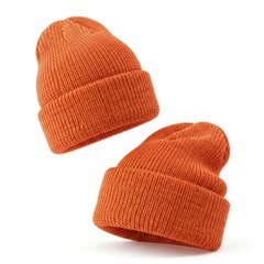 Two orange beanies isolated on white background