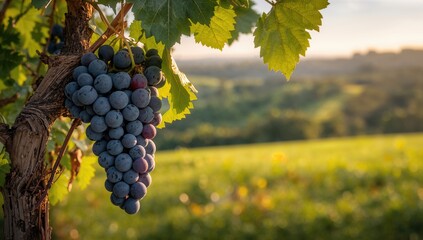 Fototapeta premium Detailed view of grapes hanging on a vine with a rural backdrop, seasonal fruits and foliage, summer and autumn vibes