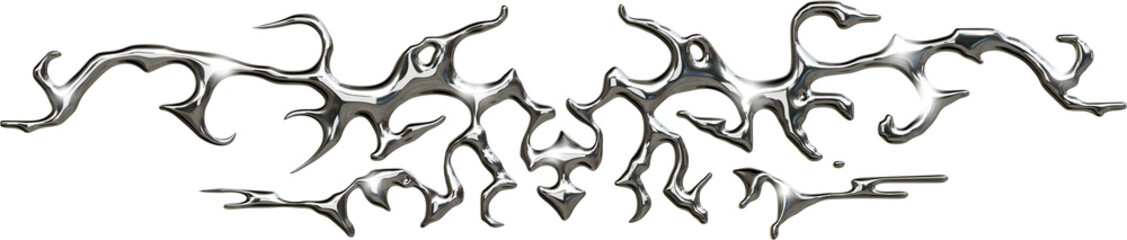 Futuristic chrome cybersigilism, neotribalism, gothic design with metallic spikes and abstract shapes transparent background, 3D digital render in sci-fi style.