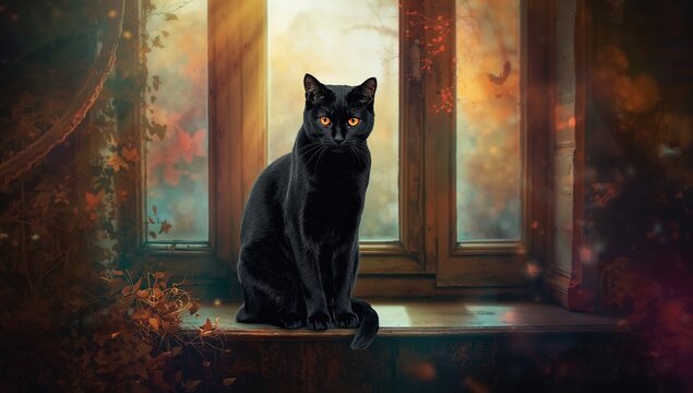 Dark feline with glowing crimson eyes perched on a ledge, abstract nature art with Halloween vibes, light and color elements featuring animals