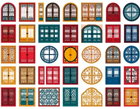Asian-style doors and windows in various colors and shapes