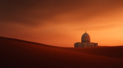 Obraz premium A solitary architectural structure with a central dome stands atop a desert dune as dusk paints the sky with warm, golden, and orange hues, evoking peace.