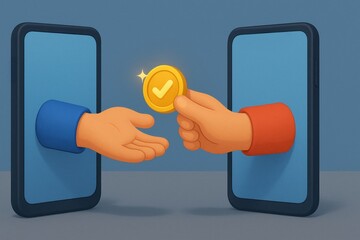 App payment integration. Digital transaction illustration showing hands exchanging a coin through smartphones.