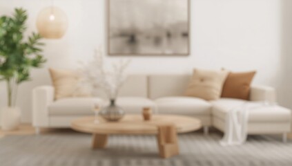 Obraz premium Soft focus on a calm, modern lounge area with a comfortable beige sofa and simple wooden coffee table, ideal for unwinding with elegance.