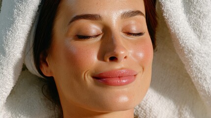 holistic longevity design. Woman relaxing with eyes closed, enjoying a spa or skincare treatment