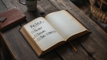 Idea of a Task List: Take it Easy, Unwind, and Reduce Stress Written in a Notebook on a Wooden Surface