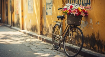 Fototapeta premium Vintage bicycle with basket of fresh colorful flowers near old yellow wall in Hoi An ancient town, Vietnam, retro travel concept and morning sunlight atmosphere