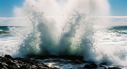 Naklejka premium Powerful Ocean Waves Crashing Against Rocky Shoreline Under Bright Sky.