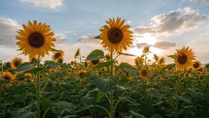 Obraz premium Morning sunflowers basking in sunlight, floral summer landscape with leaves and bright sky
