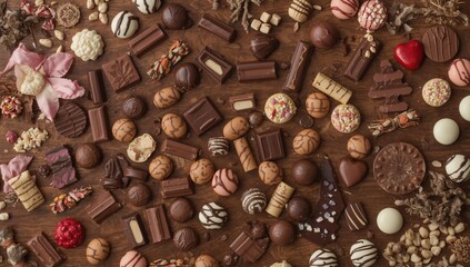 Fototapeta premium Assorted sweets and chocolate bars displayed on a rustic wooden surface