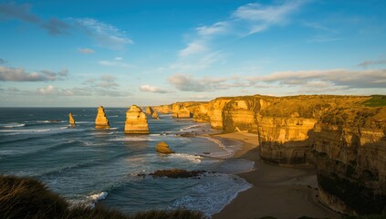 Luminous sky lights up the coastal rock formations and cliffs.
