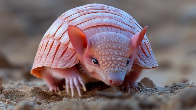 Pink Fairy Armadillo Close Up Macro Shot in Natural Habitat.