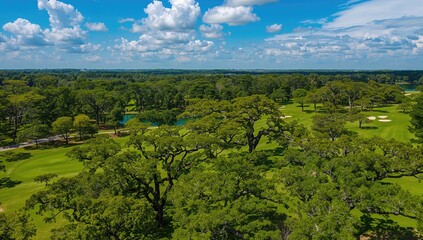 Obraz premium Bird's-eye view of a golf course featuring vibrant greenery and surrounding trees