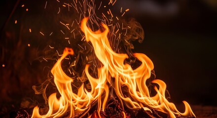 A mesmerizing bonfire crackles with vibrant flames and dancing sparks at night