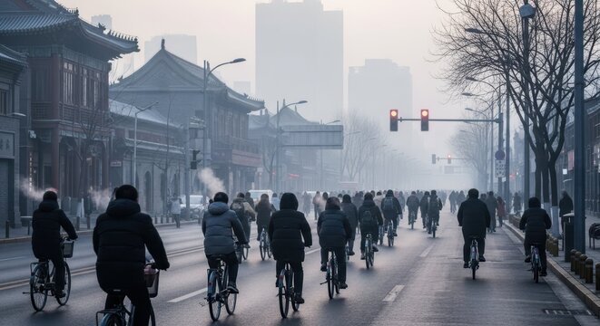 Cyclists riding through a misty city street on a cold morning, people commuting to work by bicycle in urban Asia, foggy atmospheric scene with traditional buildings and soft sunrise light - Powered by Adobe