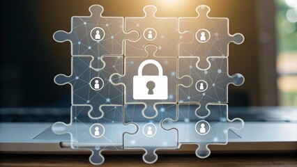 A digital puzzle graphic featuring a padlock, symbolizing cybersecurity and connectivity in a tech environment.