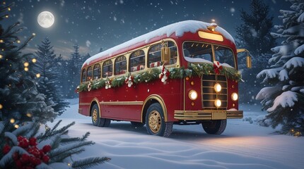 A joyful winter wonderland scene featuring a vintage bus adorned with festive decorations, evoking the nostalgic charm of a classic Christmas card. 