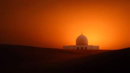 Obraz premium Desert Mosque at Sunset: A tranquil scene featuring a mosque silhouetted against a brilliant orange sky during sunset, evoking peace and spirituality.