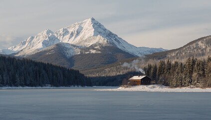 A tranquil snowy scene showcasing a frosted mountain, thick woodland, and an icy lake beside a cozy wooden house.