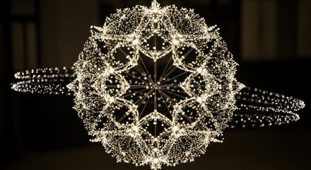 Glowing sphere art, composed of myriad lights, hangs in soft-focus space