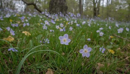 Fototapeta premium Stunning wild blooms featuring blue hepatica and white anemones in a woodland setting during early spring.