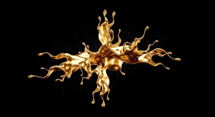 Golden liquid splash forming star-like fractal on black, with subtle particle details