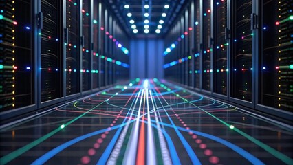 A futuristic data center corridor lined with servers, illuminated by colorful lights, showcasing advanced technology and modern design.