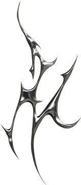 Futuristic chrome cybersigilism, neotribalism, gothic design with metallic spikes and abstract shapes transparent background, 3D digital render in sci-fi style.