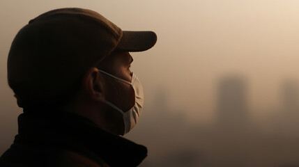 Man wearing protective face mask looks into the hazy distance. Silhouetted profile with buildings blurred in the background. Health and safety measure