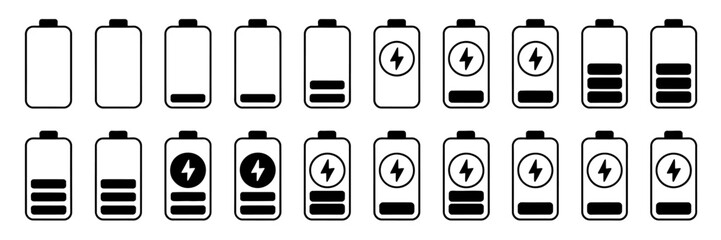 Set of 20 minimalist battery icons showing charge levels and charging status