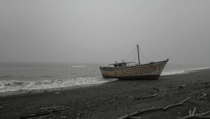 Fototapeta premium A monochrome photo of a vintage vessel docked by the shore