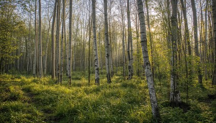Obraz premium Morning sunlight filtering through a birch woodland