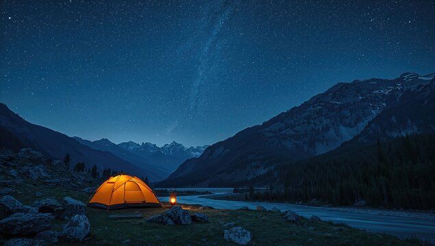 Outdoor shelter beneath a vast starry sky in high mountains