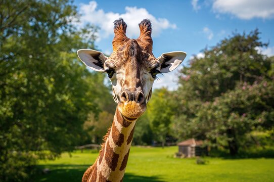Giraffe gazing directly at the lens in a natural setting with sky and grass