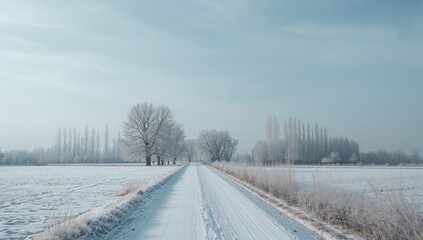 Obraz premium Snow-covered countryside road under a frosty sky, winter landscape with trees and fields